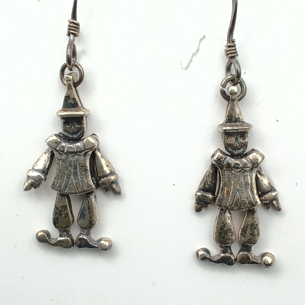 Vintage 925 Sterling Silver Articulated Pierrot Clown Jester Earrings